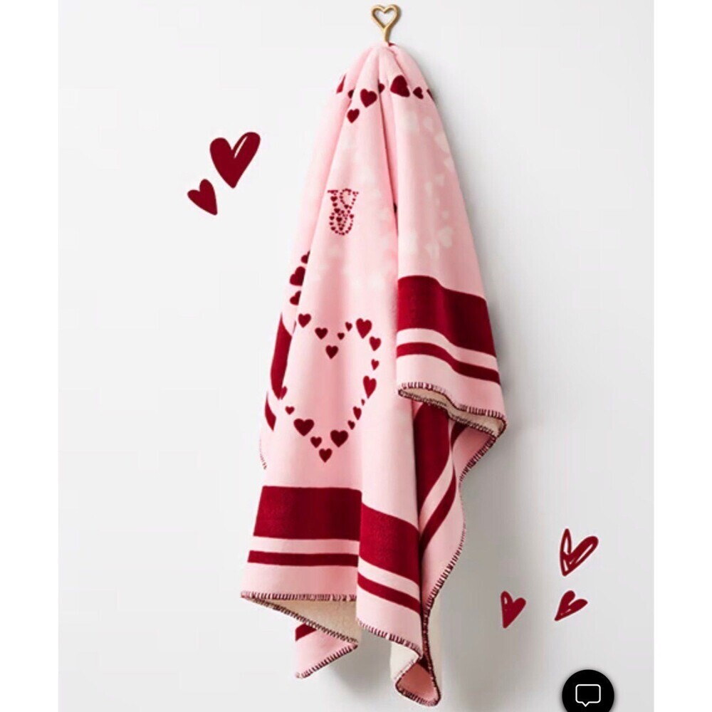 VICTORIA'S SECRET SHERPA FLEECE BLANKET HEARTS PINK THROW VALENTINES DAY 50"x60"